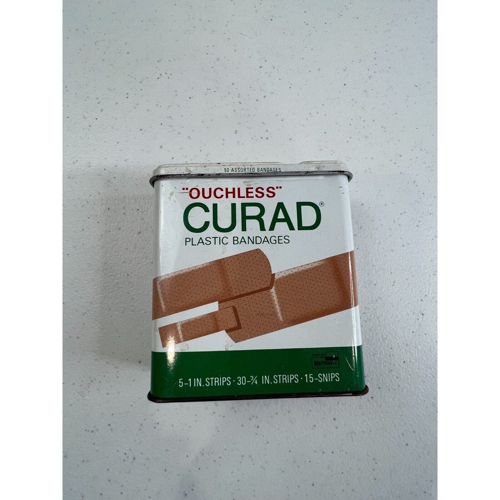 Vintage Curad Ouchless Assorted Plastic Bandage‎ Tin BOX ONLY Hinged
